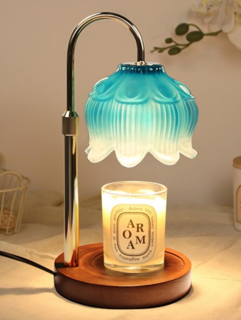 Blue Flower Glass Shade Aroma Lamp with Wooden Base